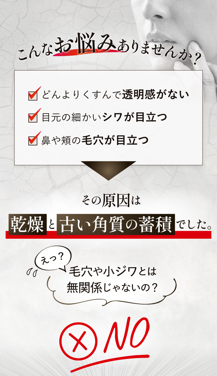透明感がない、シワが目立つ、毛穴が目立つ…その原因は乾燥と古い角質の蓄積でした