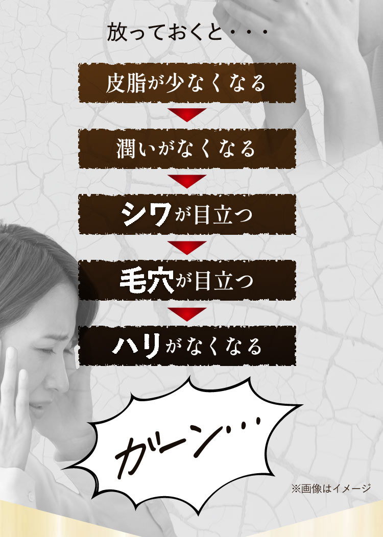 放っておくと・・・皮脂が少なくなる→潤いがなくなる→シワが目立つ→毛穴が目立つ→ハリがなくなる